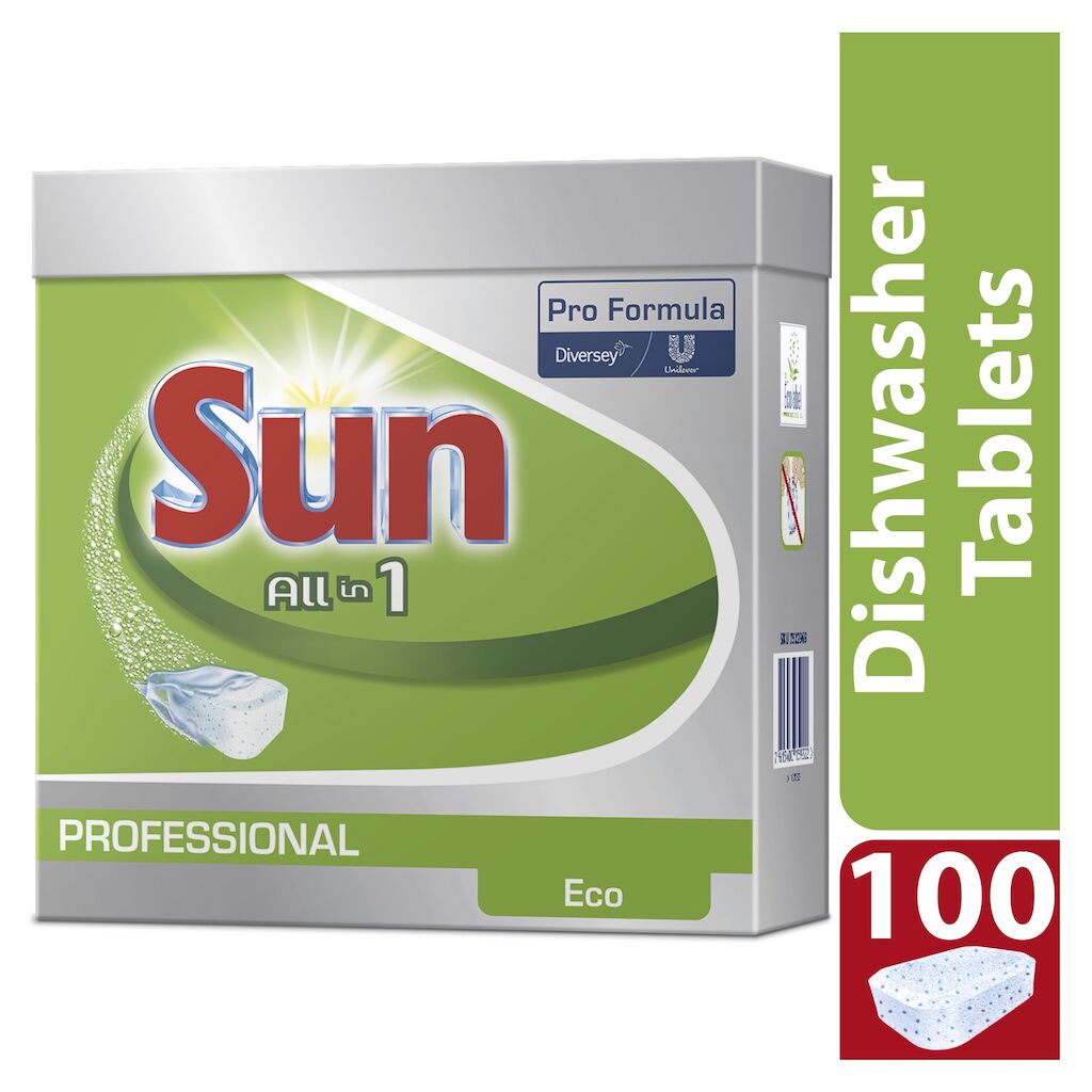 Sun Pro Formula All in 1 Eco 5x100pz - Detergente profesional para lavavajillas con etiqueta ecológica, función de sal incorporada y aclarado, todo en una tableta de dosificación manual