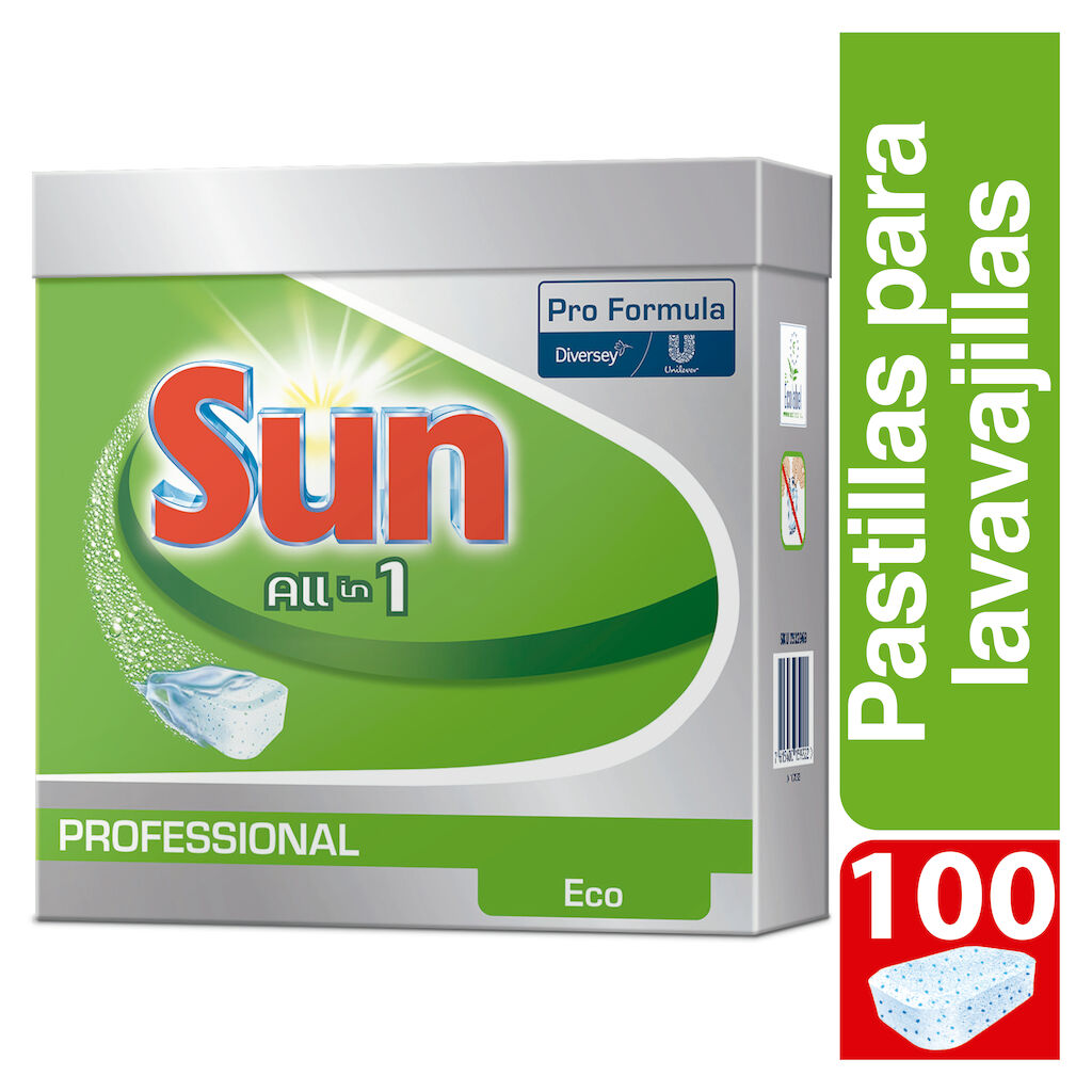 Sun Pro Formula All in 1 Eco 5x100unid - Detergente profesional para lavavajillas con etiqueta ecológica, función de sal incorporada y aclarado, todo en una tableta de dosificación manual